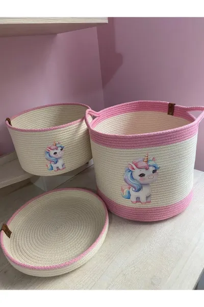 Nev Design Çocuk Odası 2'li Sepet Takımı, Oyuncak Sepeti, Düzenleyici Koyu Krem Pembe Unicorn