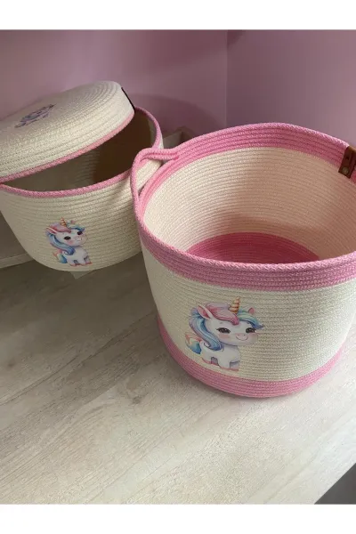 Nev Design Çocuk Odası 2'li Sepet Takımı, Oyuncak Sepeti, Düzenleyici Koyu Krem Pembe Unicorn