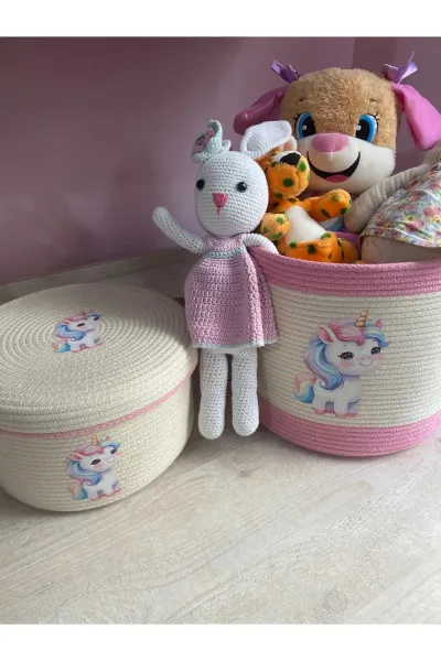 Nev Design Çocuk Odası 2'li Sepet Takımı, Oyuncak Sepeti, Düzenleyici Koyu Krem Pembe Unicorn