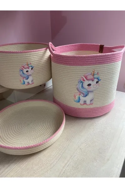 Nev Design Çocuk Odası 2'li Sepet Takımı, Oyuncak Sepeti, Düzenleyici Koyu Krem Pembe Unicorn Geyik