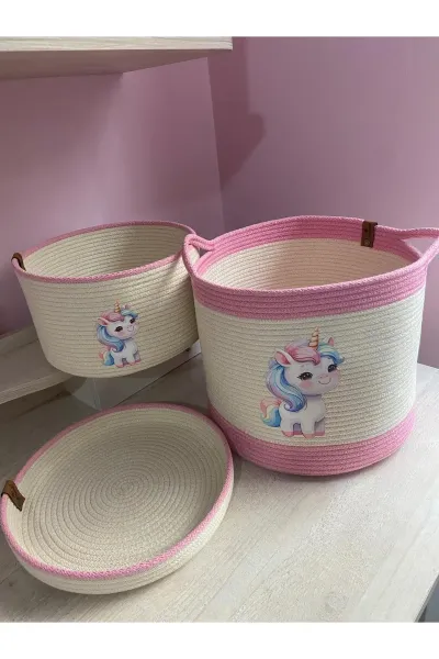 Nev Design Çocuk Odası 2'li Sepet Takımı, Oyuncak Sepeti, Düzenleyici Koyu Krem Pembe Unicorn Geyik
