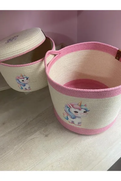 Nev Design Çocuk Odası 2'li Sepet Takımı, Oyuncak Sepeti, Düzenleyici Koyu Krem Pembe Unicorn Geyik