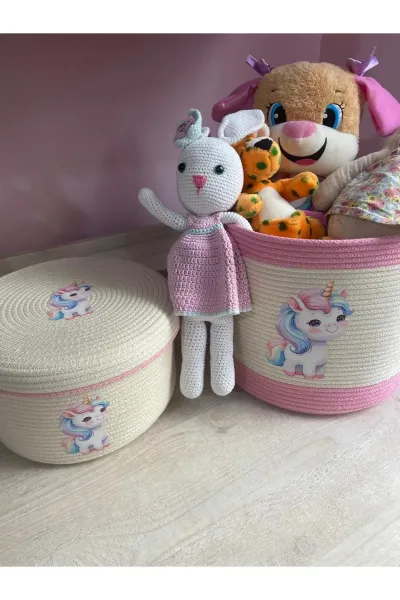Nev Design Çocuk Odası 2'li Sepet Takımı, Oyuncak Sepeti, Düzenleyici Koyu Krem Pembe Unicorn Geyik