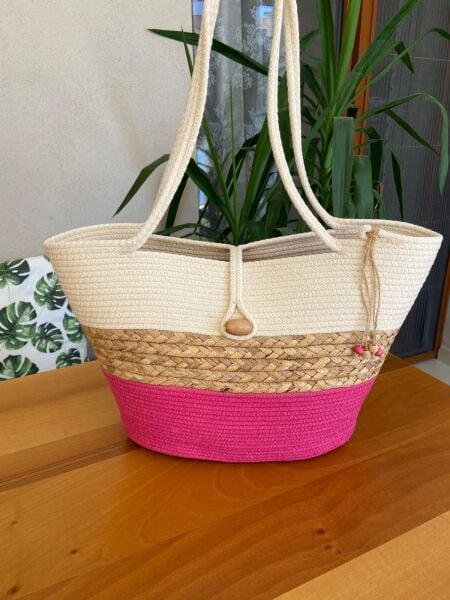 Nev Design Plaj Çantası, Pembe ve Krem Renk, Hasır Detaylı