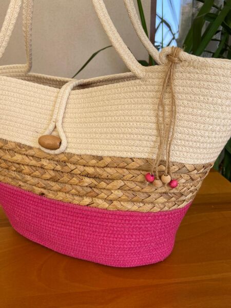 Nev Design Plaj Çantası, Pembe ve Krem Renk, Hasır Detaylı