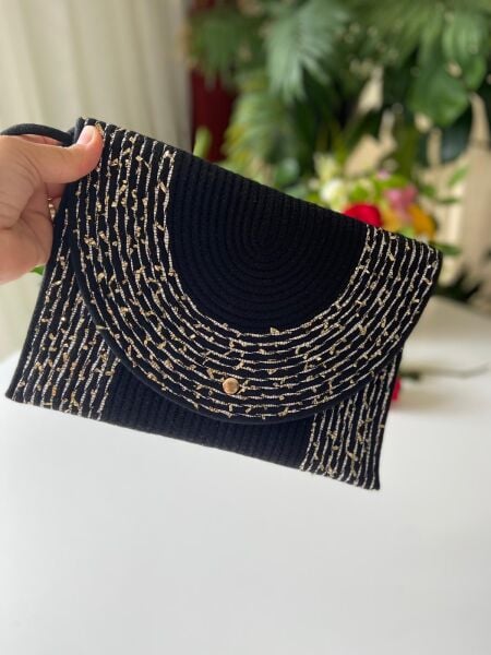 Nev Design Zarf Clutch, Portföy Çanta, Siyah Gold Kırçıllı