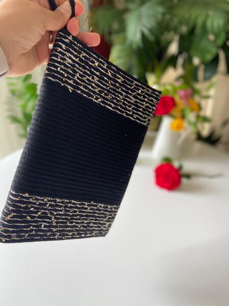 Nev Design Zarf Clutch, Portföy Çanta, Siyah Gold Kırçıllı