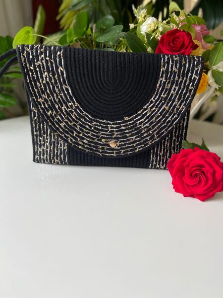 Nev Design Zarf Clutch, Portföy Çanta, Siyah Gold Kırçıllı