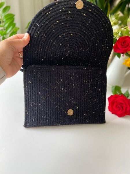 Nev Design Zarf Clutch, Portföy Çanta, Siyah Gold Simli