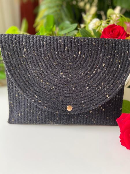 Nev Design Zarf Clutch, Portföy Çanta, Siyah Gold Simli