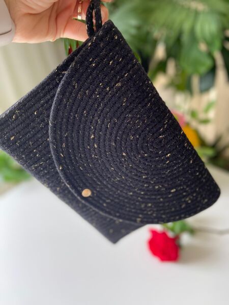 Nev Design Zarf Clutch, Portföy Çanta, Siyah Gold Simli