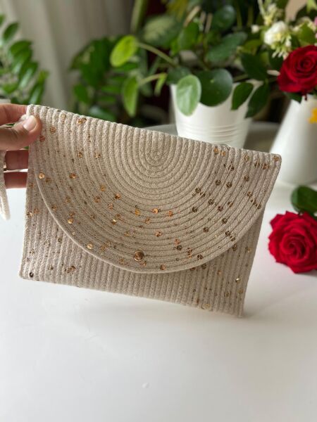 Nev Design Zarf Clutch, Portföy Çanta, Krem Gold