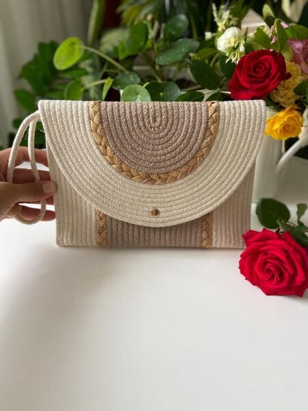 Nev Design Zarf Clutch, Portföy Çanta, Krem Bej Hasır Detaylı