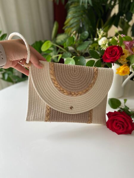Nev Design Zarf Clutch, Portföy Çanta, Krem Bej Hasır Detaylı
