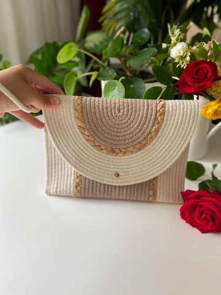 Nev Design Zarf Clutch, Portföy Çanta, Krem Bej Hasır Detaylı