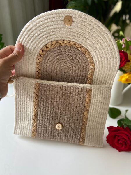 Nev Design Zarf Clutch, Portföy Çanta, Krem Bej Hasır Detaylı