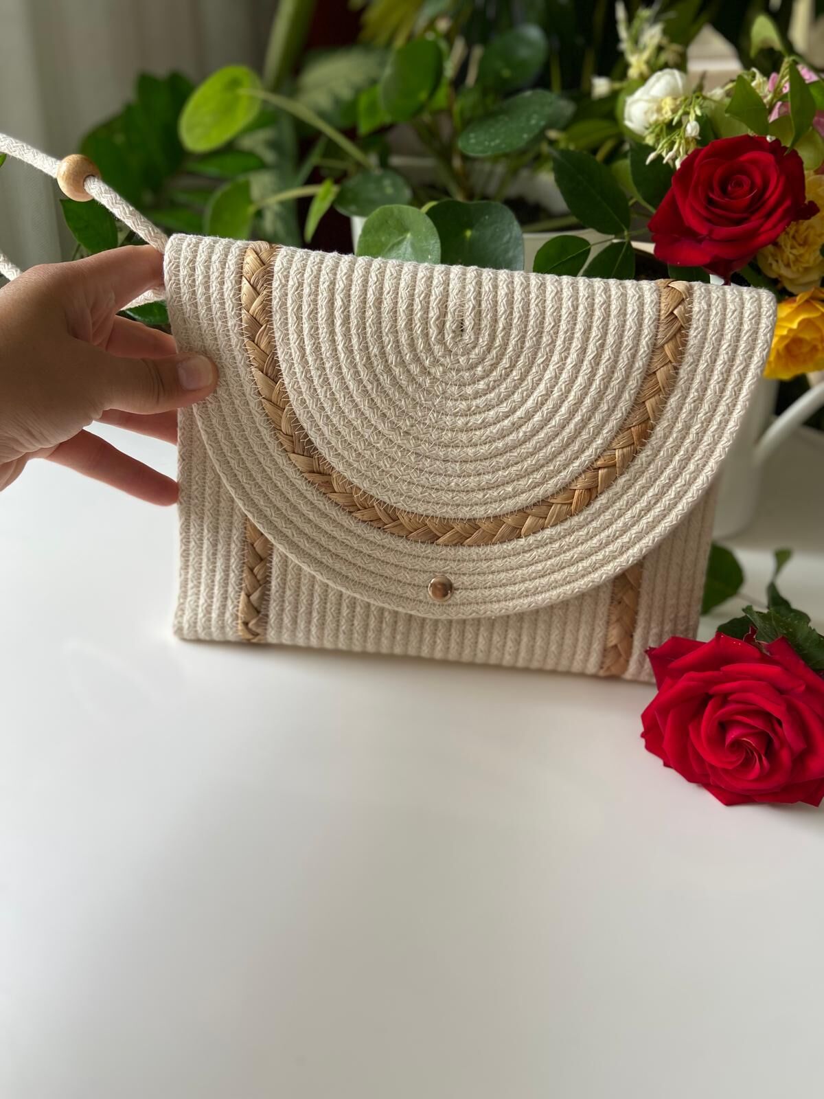 Nev Design Zarf Clutch, Portföy Çanta, Krem Hasır Detaylı