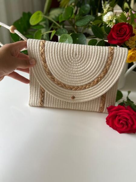 Nev Design Zarf Clutch, Portföy Çanta, Krem Hasır Detaylı