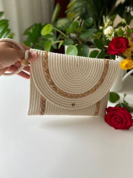 Nev Design Zarf Clutch, Portföy Çanta, Krem Hasır Detaylı