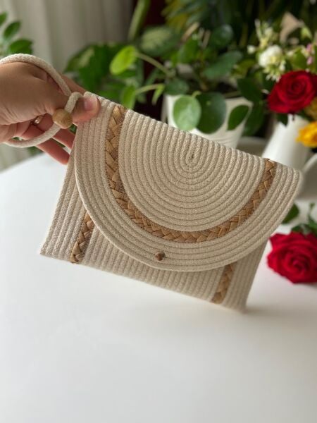 Nev Design Zarf Clutch, Portföy Çanta, Krem Hasır Detaylı