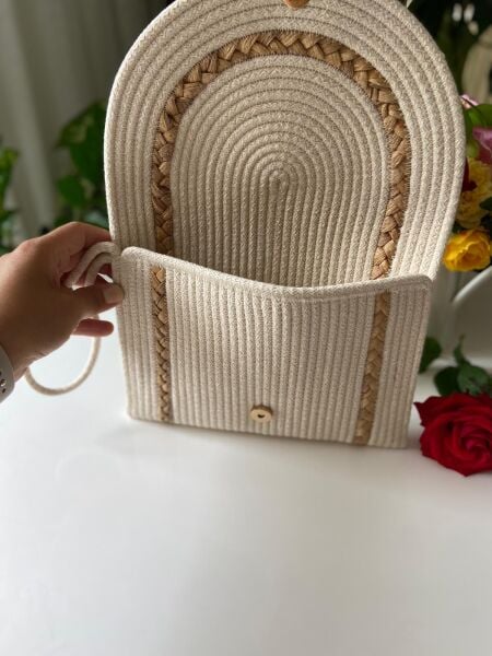 Nev Design Zarf Clutch, Portföy Çanta, Krem Hasır Detaylı